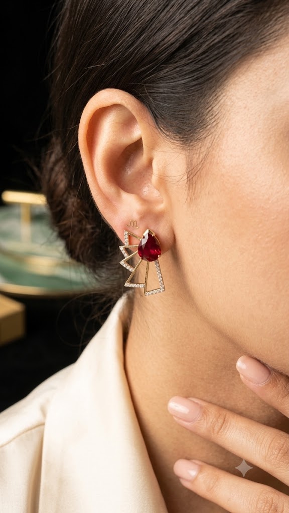 Luxury Red Stone Geometric Earrings for Women | Gold Plated Designer Party Wear Earrings (BR250)