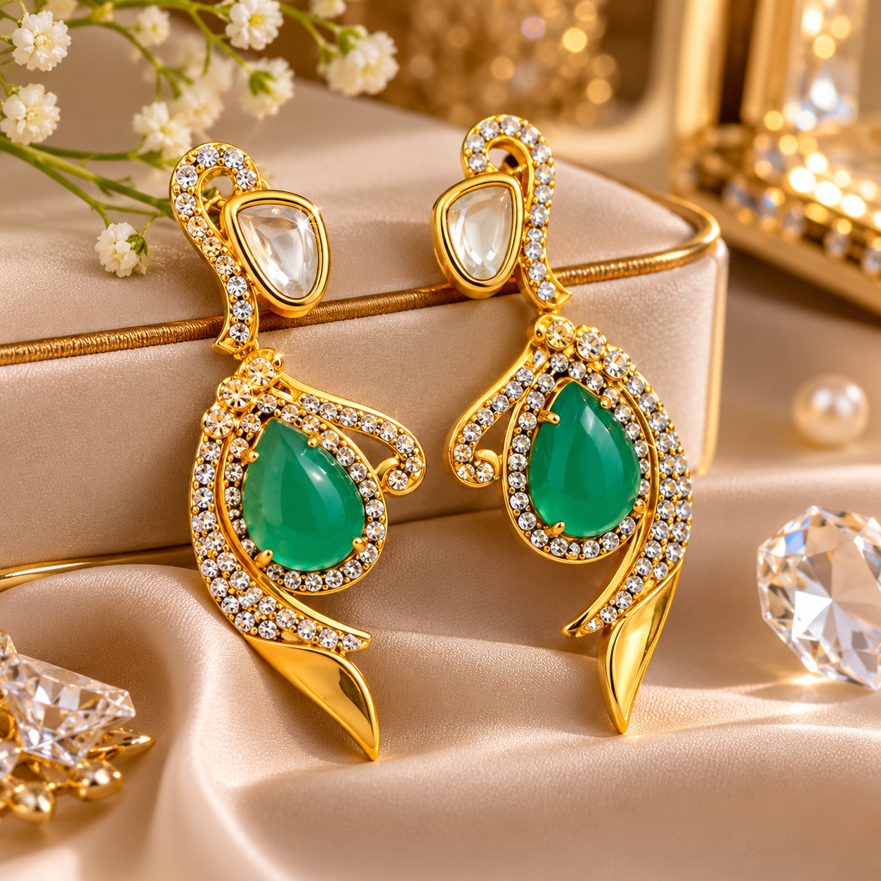 Elegant Gold-Tone Green Drop Earrings for Women | Party Jewelry (BR300)