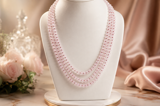 Natural Rose Quartz Triple Layer karbhuja cut Necklace for Women & Girls( pumpkin beads)