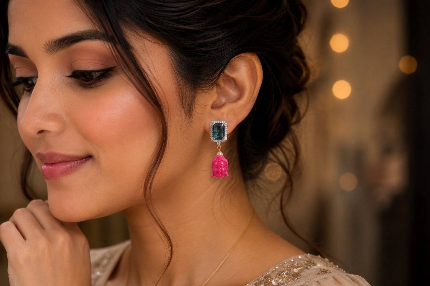 Pink Buddha Drop Earrings with CZ Studs | Elegant Fashion Jewelry (BR250)