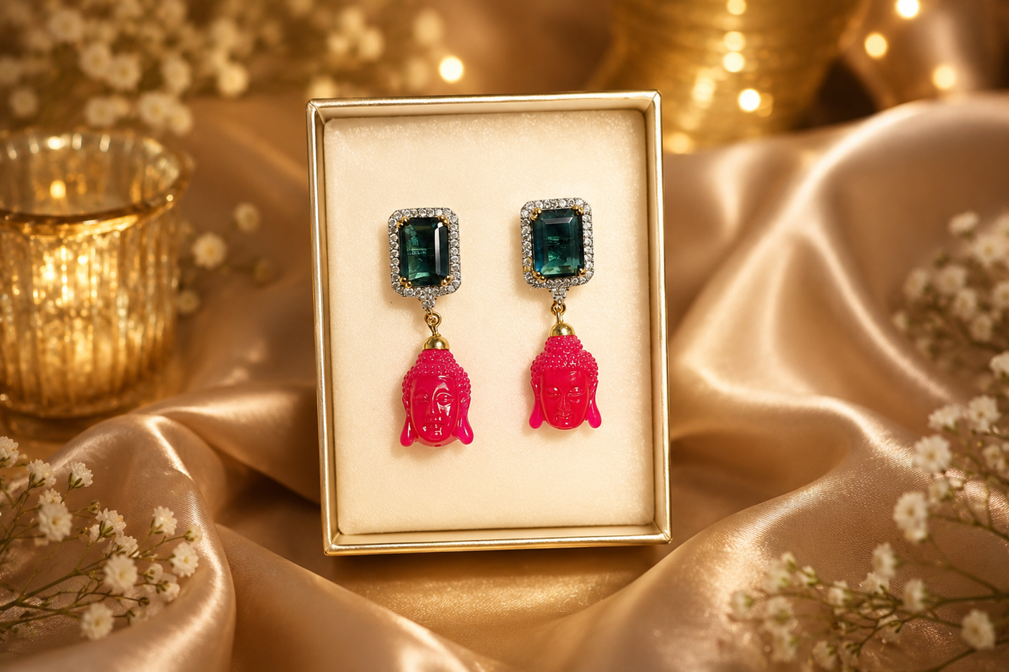 Pink Buddha Drop Earrings with CZ Studs | Elegant Fashion Jewelry (BR250)