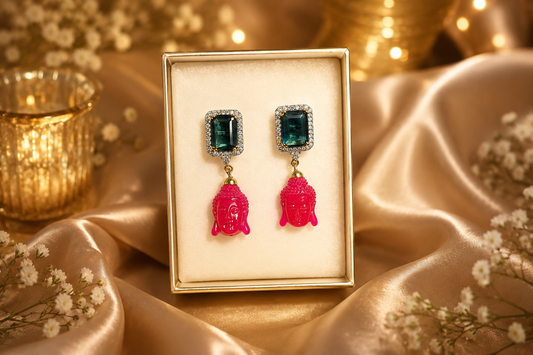 Pink Buddha Drop Earrings with CZ Studs | Elegant Fashion Jewelry (BR250)