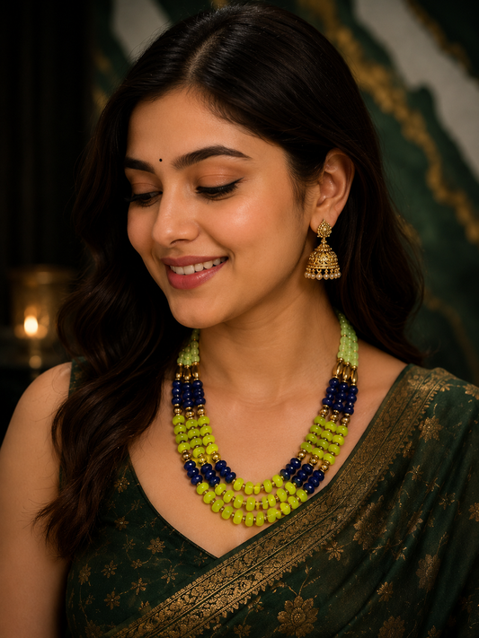 Luxury Multi-Strand Lime Green & Royal Blue Beaded Statement Necklace with Gold Accents for Women