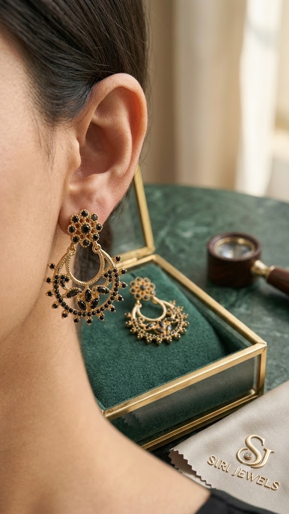 Black Stone Gold-Tone Chandbali Earrings for Women | Fancy Ethnic Studs (BR125)