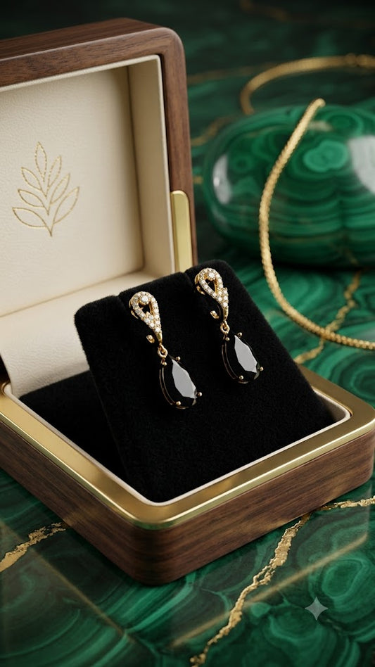 Black Teardrop Gold Plated Dangle Earrings for Women | Elegant Style (Br125)