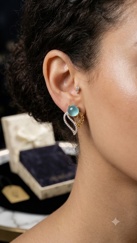 Elegant Mint Green Chalcedony Leaf Earrings in Gold and Diamond Accents (BR250)