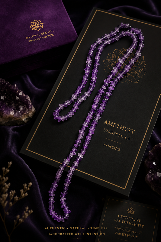 Natural Amethyst Uncut Crystal Mala 35 Inches for Meditation & Healing