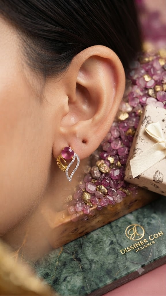 Luxury Pink Fashion Stud Earrings with Gold Leaf Design for Women (BR250)