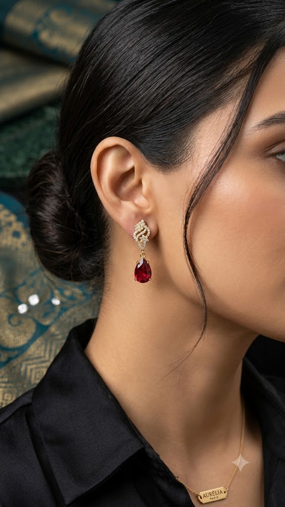 Elegant Ruby Red Teardrop Earrings in Gold Plating | Aurélia Paris (BR250)