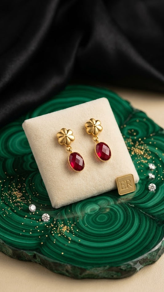 Gold Floral Drop Earrings with Ruby Red Stone | Elegant Fashion Jewelry (BR125)