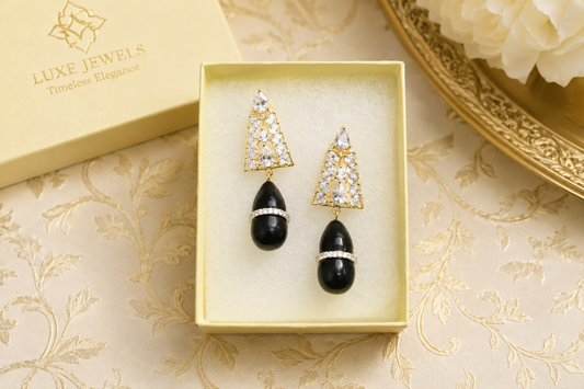 Black Drop Statement Earrings with Gold Finish & CZ Designer Style(BR250)