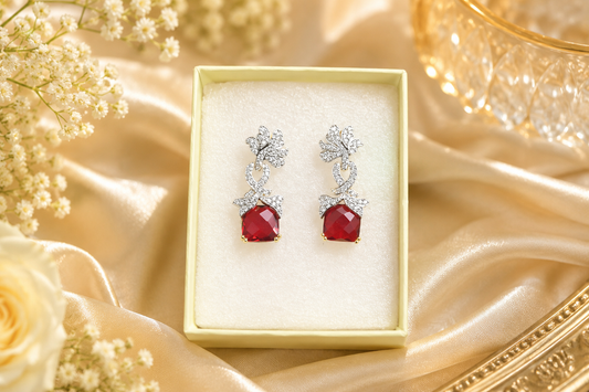 Luxury Red Stone Floral Drop Earrings for Women | Party Wear Jewelry (BR250)