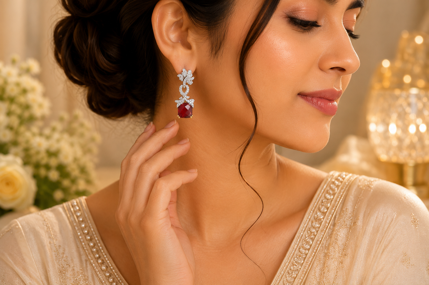 Luxury Red Stone Floral Drop Earrings for Women | Party Wear Jewelry (BR250)