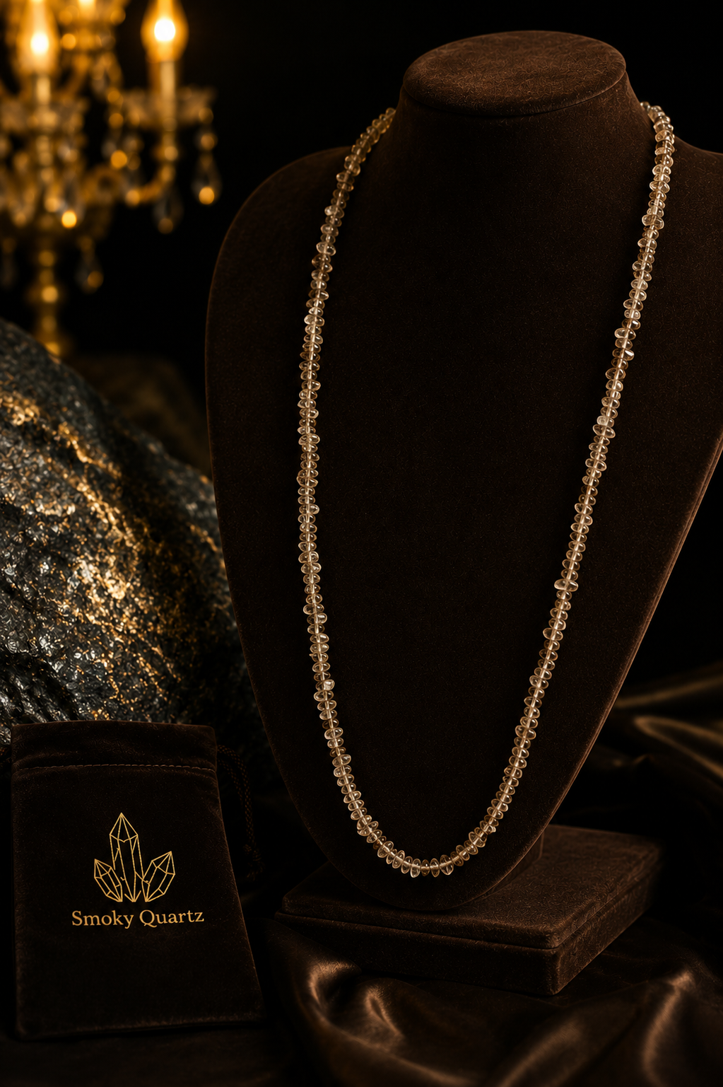 35 Inch Smoky Quartz Uncut Mala Necklace | Long Handmade Stone Mala