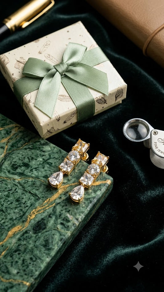 Luxury Gold-Tone Cubic Zirconia Drop Earrings for Women | Party Wear (BR125)