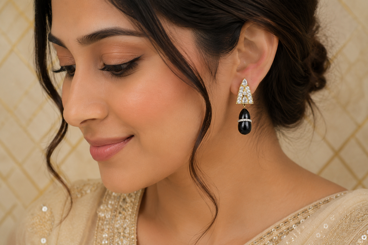Black Drop Statement Earrings with Gold Finish & CZ Designer Style(BR250)