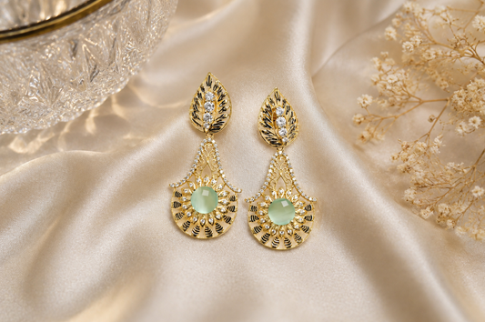 Gold-Tone Filigree Statement Drop Earrings with Mint Green Accent | Elegant Fashion Jewelry (BR250)