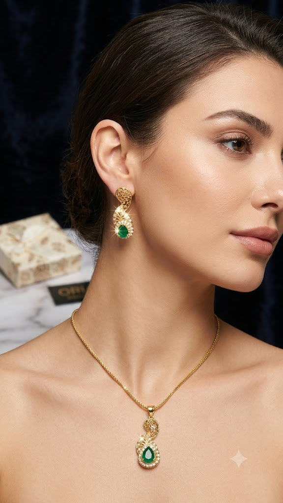 Luxury Gold-Plated Green Designer Pendant Set for Women | Elegant (BR250)