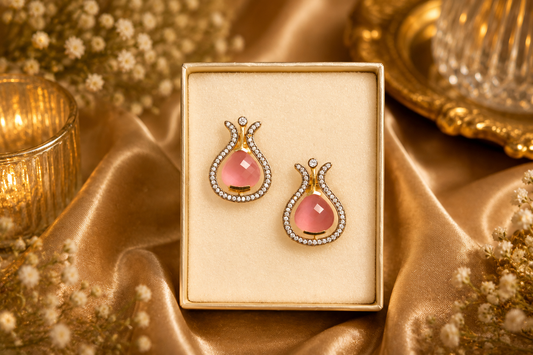 Pink Teardrop Designer Earrings | Luxury Gold Plated Fashion Jewelry