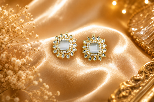 Luxury White Square Kundan Style Stud Earrings for Women | Gold Finish (BR250)