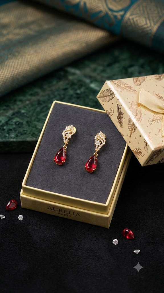 Elegant Ruby Red Teardrop Earrings in Gold Plating | Aurélia Paris (BR250)