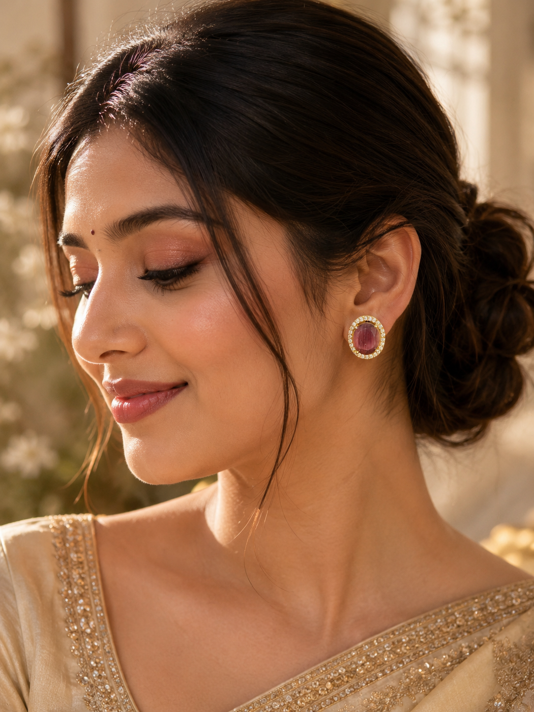 Fancy Designer Pink Stone Halo Ear Studs for Women | Elegant Party Wear Fashion Jewelry (BR120)