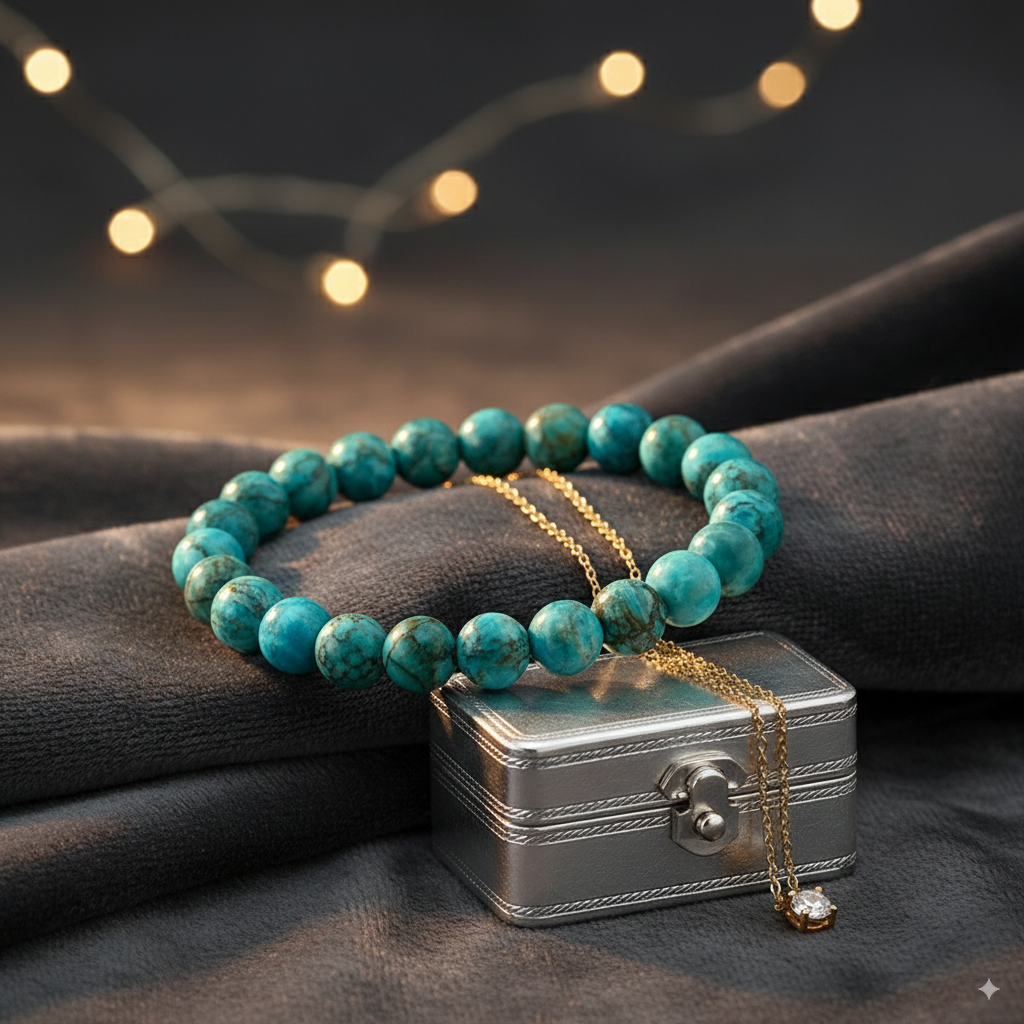 Natural Blue Turquoise (Firoza) Crystal Bracelet | Protection & Positivity | 8mm Beaded