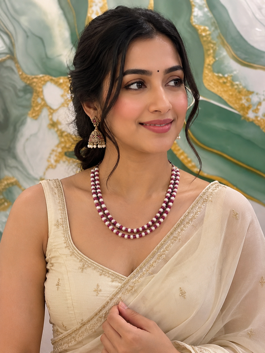 Shop elegant double-layer necklace featuring lustrous pearls and pink gemstone beads. Perfect for weddings, parties, gifting, and luxury fashion wear.