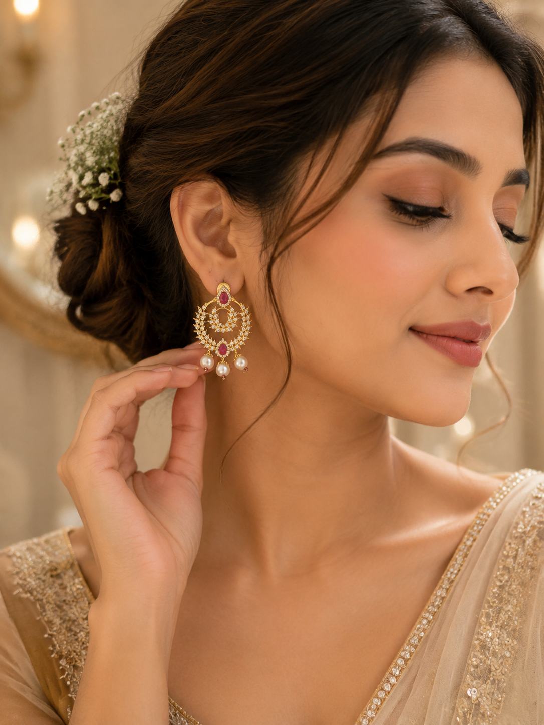 Luxury Gold-Plated Ruby Tone Pearl Chandbali Earrings for Women (BR300)