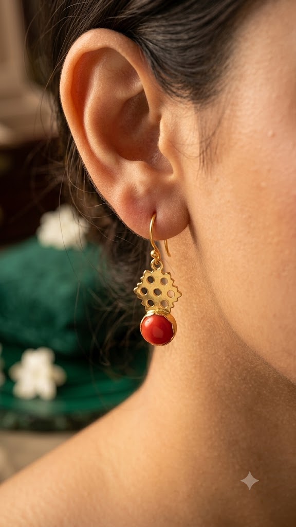 Elegant Gold-Tone Red Bead Dangle Earrings for Women | Fashion Jewelry (Br125)