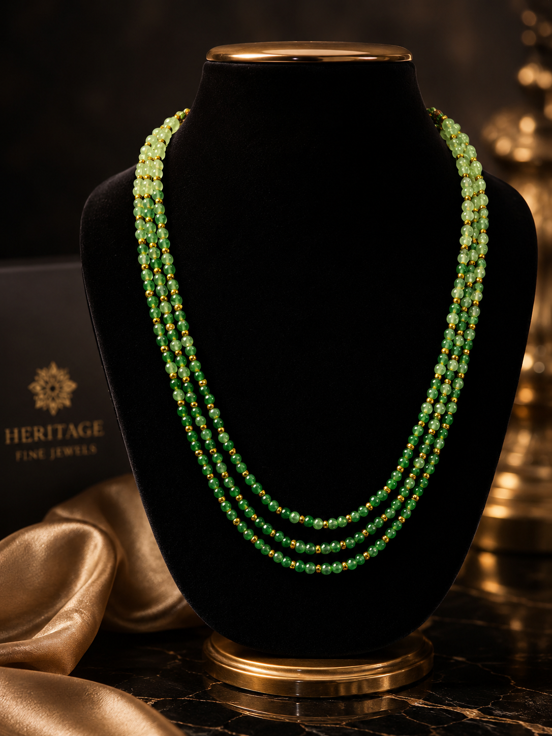Green Ombre Jade Multi-Layer Beaded Necklace with Gold Accents