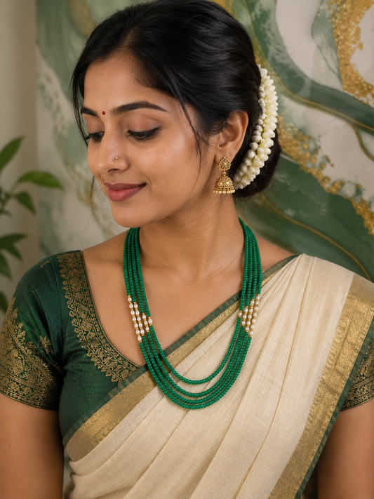 Handcrafted Green Beaded Layered Necklace with Pearl Accents | Traditional Ethnic Jewelry
