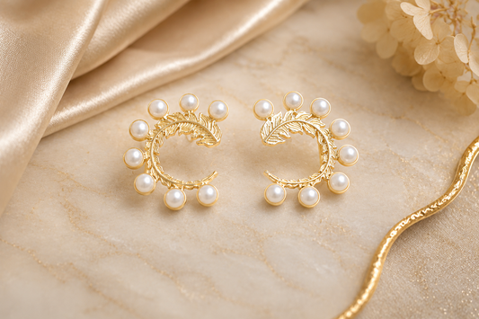 Gold Finish Pearl Leaf Designer Hoop Earrings for Women | Party Wear (BR250)