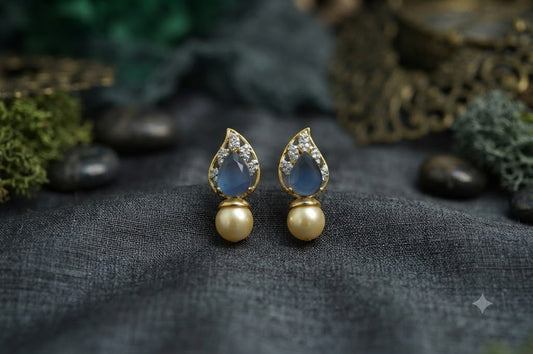 Elegant Blue Teardrop Pearl Stud Earrings | Gold Finish Fashion Jewelry (BR250)