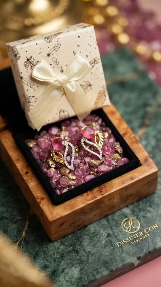 Luxury Pink Fashion Stud Earrings with Gold Leaf Design for Women (BR250)