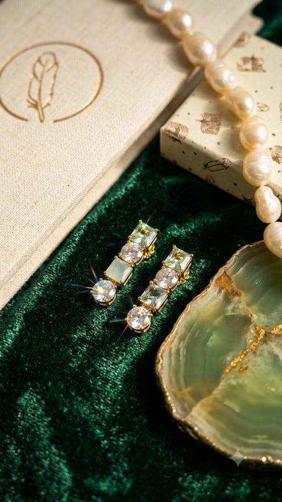 Luxury Green & White CZ Drop Earrings | Gold-Plated Designer Earrings (BR125)