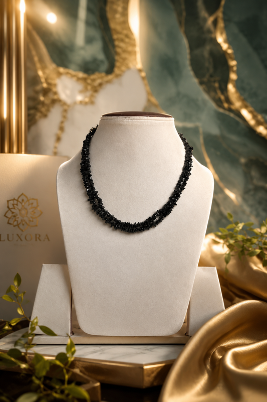 Black Tourmaline Uncut Crystal Mala 35 Inches for Protection & Grounding
