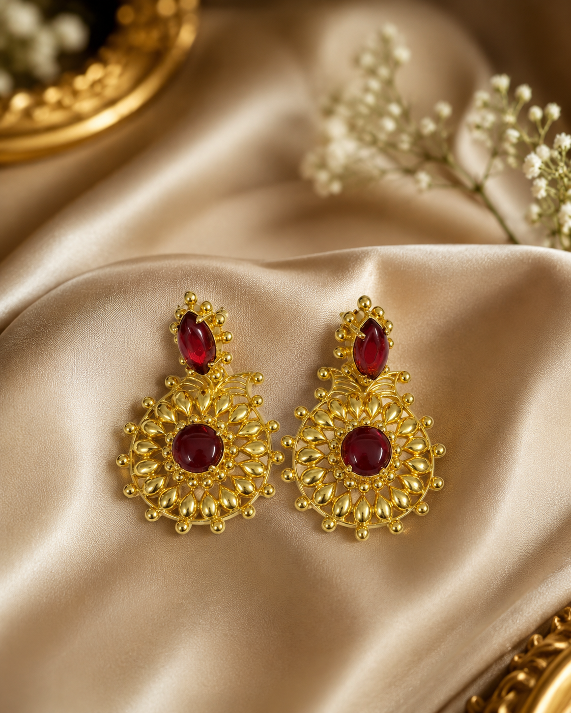 Royal Gold-Plated Red Stone Designer Dangle Earrings for Women (BR300)