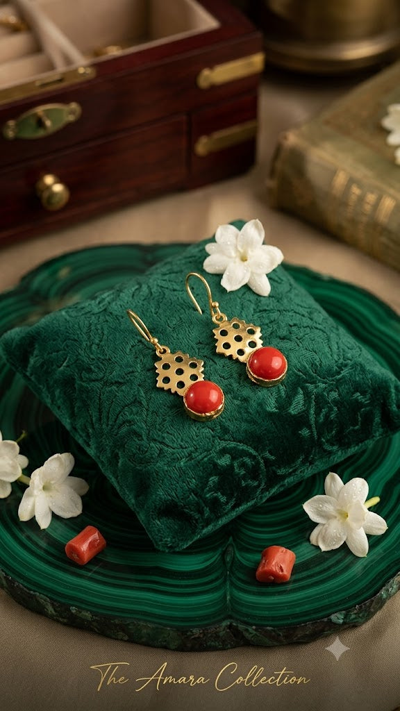 Elegant Gold-Tone Red Bead Dangle Earrings for Women | Fashion Jewelry (Br125)