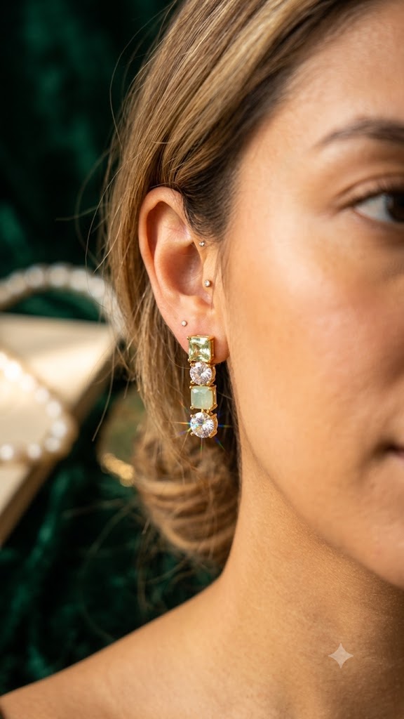 Luxury Green & White CZ Drop Earrings | Gold-Plated Designer Earrings (BR125)