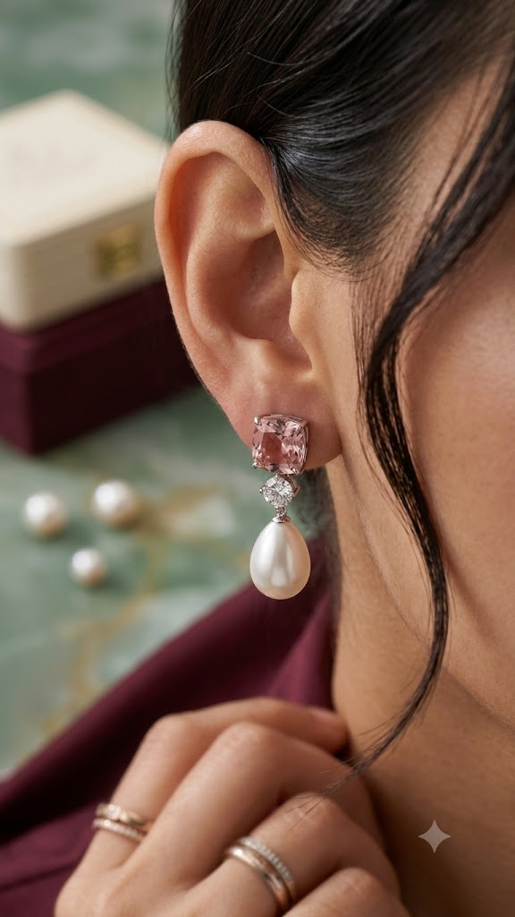 Cushion-Cut Pink Gemstone and Teardrop Pearl Drop Earrings (BR250)
