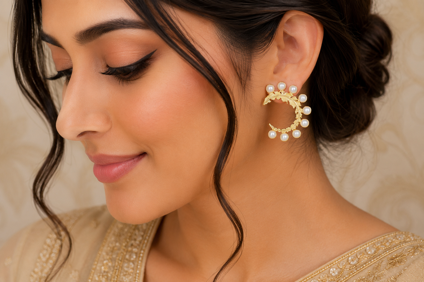 Gold Finish Pearl Leaf Designer Hoop Earrings for Women | Party Wear (BR250)