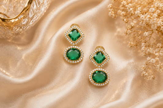 Luxury Green Stone Gold-Plated Drop Earrings for Women | Elegant (BR250)