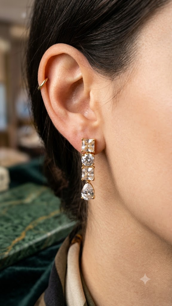 Luxury Gold-Tone Cubic Zirconia Drop Earrings for Women | Party Wear (BR125)