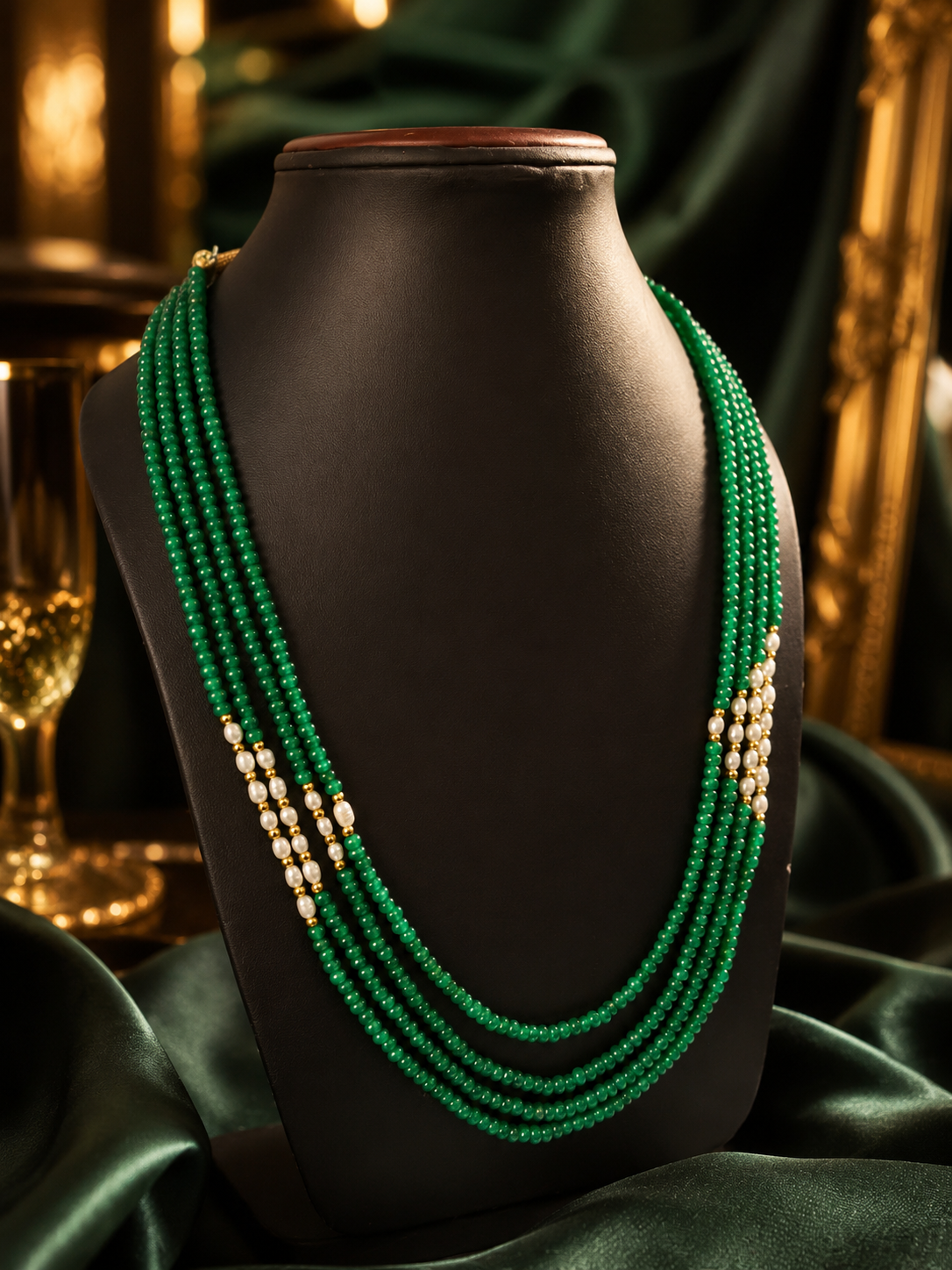 Handcrafted Green Beaded Layered Necklace with Pearl Accents | Traditional Ethnic Jewelry