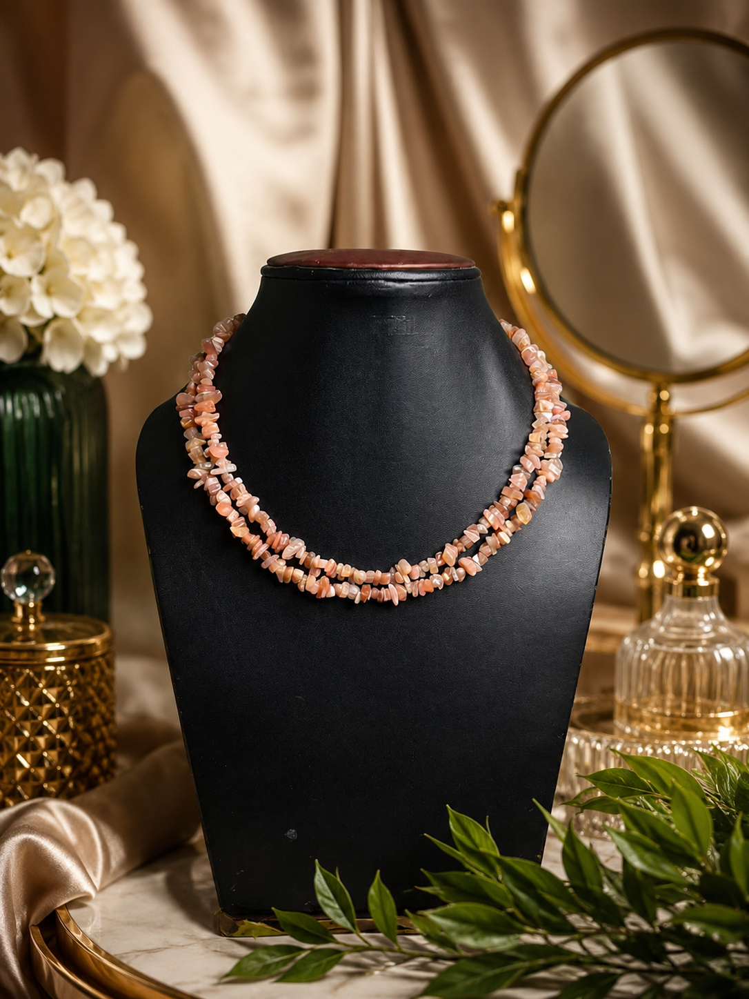Peach Moonstone Uncut Mala 35 Inches | Natural Healing Crystal Necklace