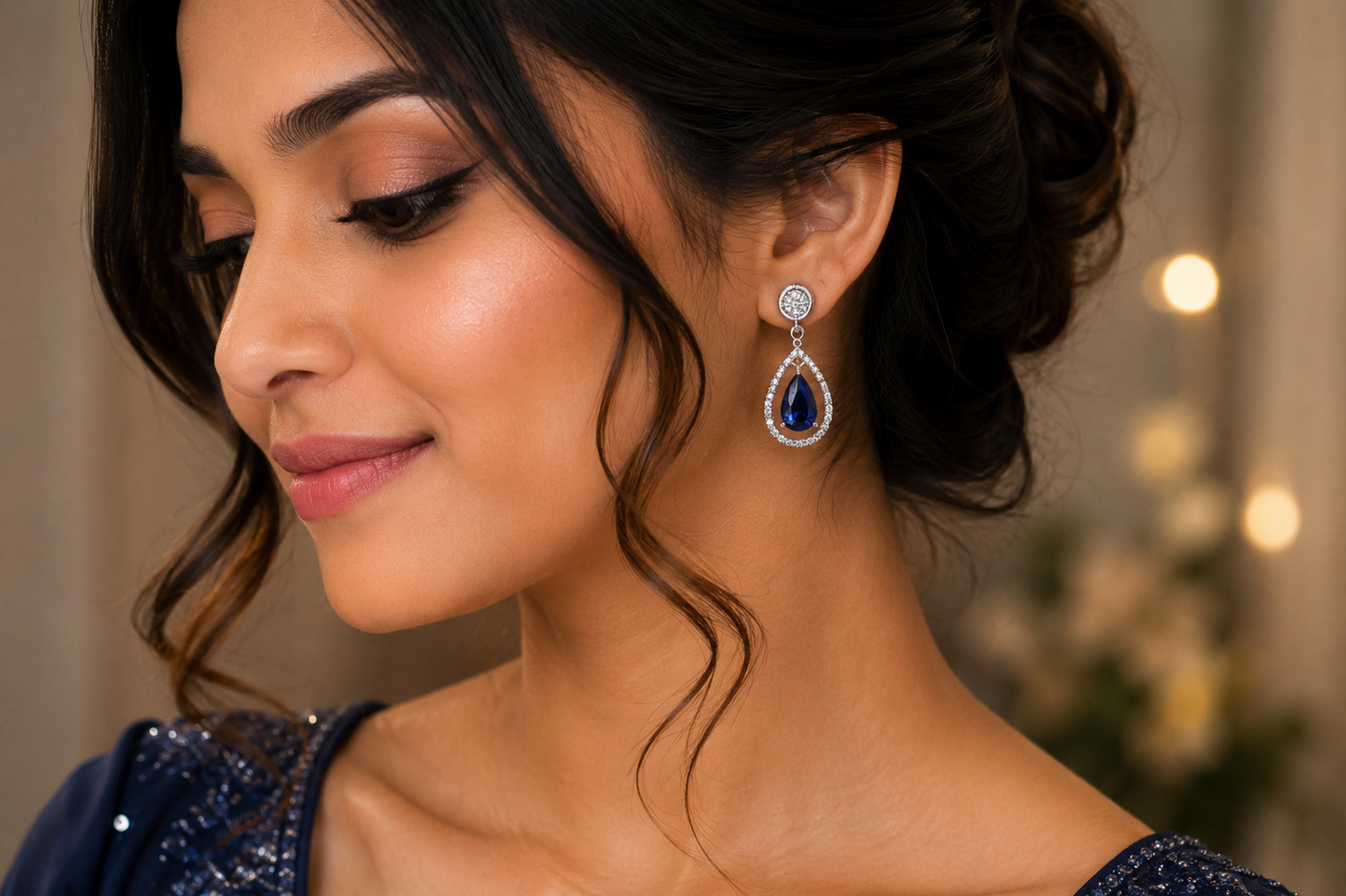 Blue Teardrop CZ Drop Earrings – Elegant Silver Party Wear Earrings (BR250)