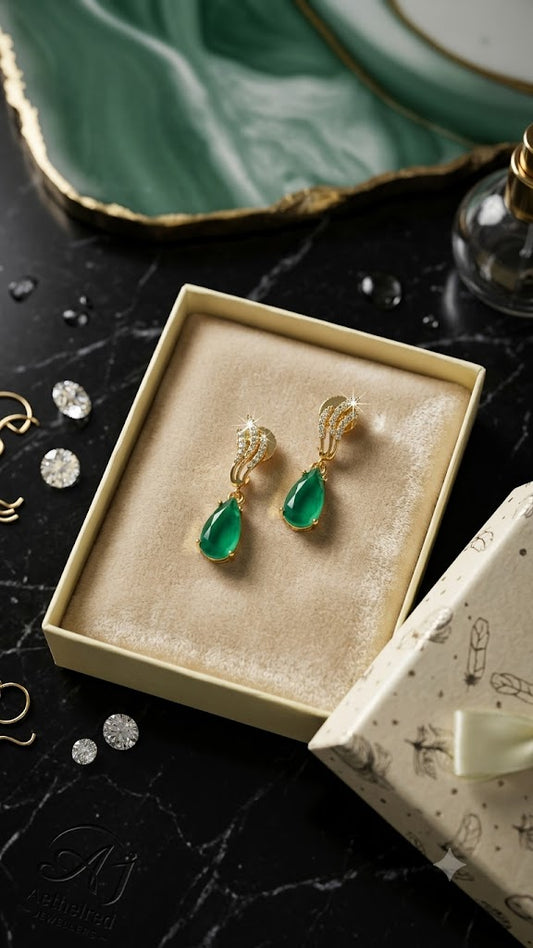 Luxury Green Teardrop Drop Earrings for Women | Gold Finish Jewelry (BR125)