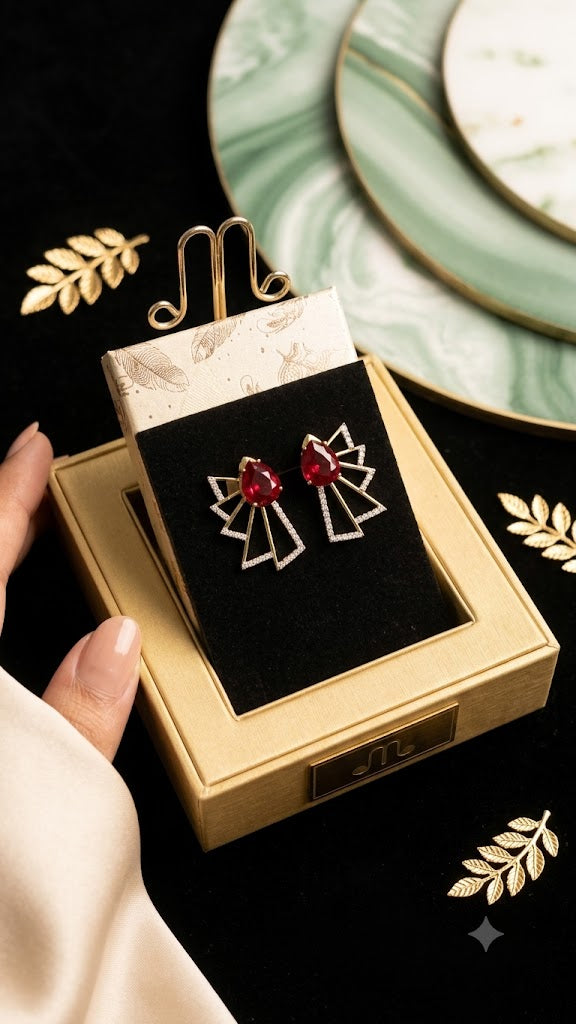 Luxury Red Stone Geometric Earrings for Women | Gold Plated Designer Party Wear Earrings (BR250)