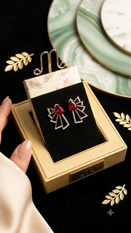 Luxury Red Stone Geometric Earrings for Women | Gold Plated Designer Party Wear Earrings (BR250)